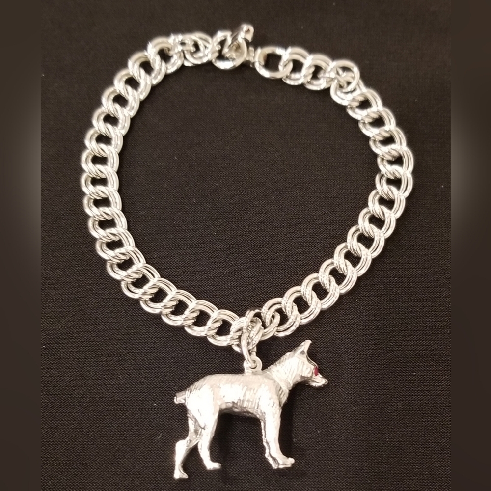 Vintage Engel Brothers Silver Dog Charm Bracelet With Red Rhinestone Eyes. 7"